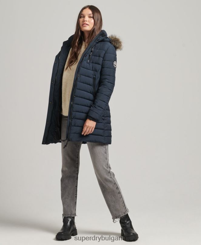 Superdry облекло N00H3605 военноморски флот Жени пухено яке със средна дължина и качулка от изкуствена кожа
