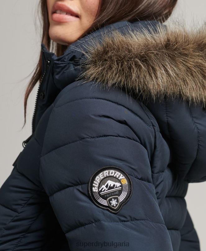 Superdry облекло N00H3605 военноморски флот Жени пухено яке със средна дължина и качулка от изкуствена кожа