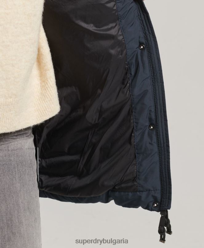 Superdry облекло N00H3605 военноморски флот Жени пухено яке със средна дължина и качулка от изкуствена кожа