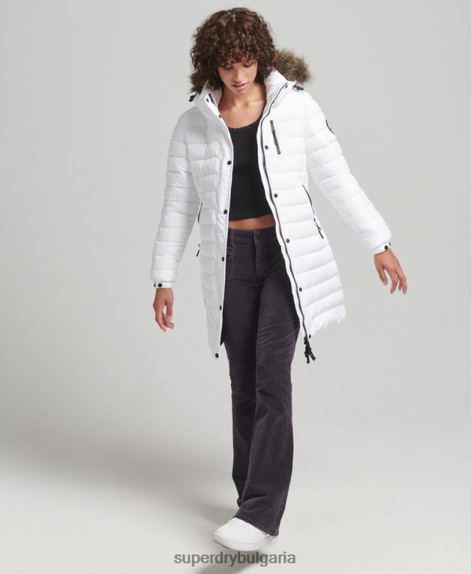 Superdry облекло N00H3606 бяло Жени пухено яке със средна дължина и качулка от изкуствена кожа