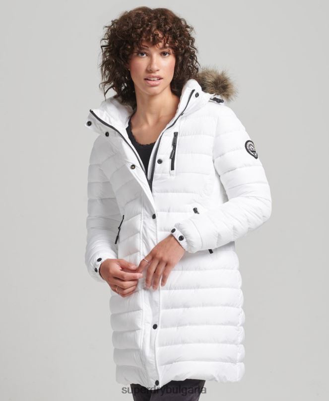 Superdry облекло N00H3606 бяло Жени пухено яке със средна дължина и качулка от изкуствена кожа