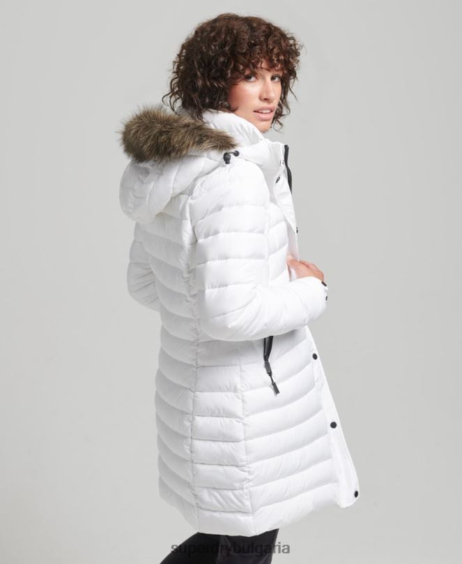 Superdry облекло N00H3606 бяло Жени пухено яке със средна дължина и качулка от изкуствена кожа
