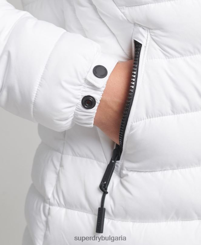 Superdry облекло N00H3606 бяло Жени пухено яке със средна дължина и качулка от изкуствена кожа
