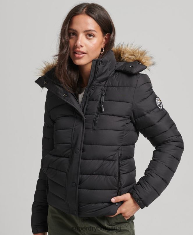 Superdry облекло N00H3630 черен Жени късо пухено яке с качулка от изкуствена кожа