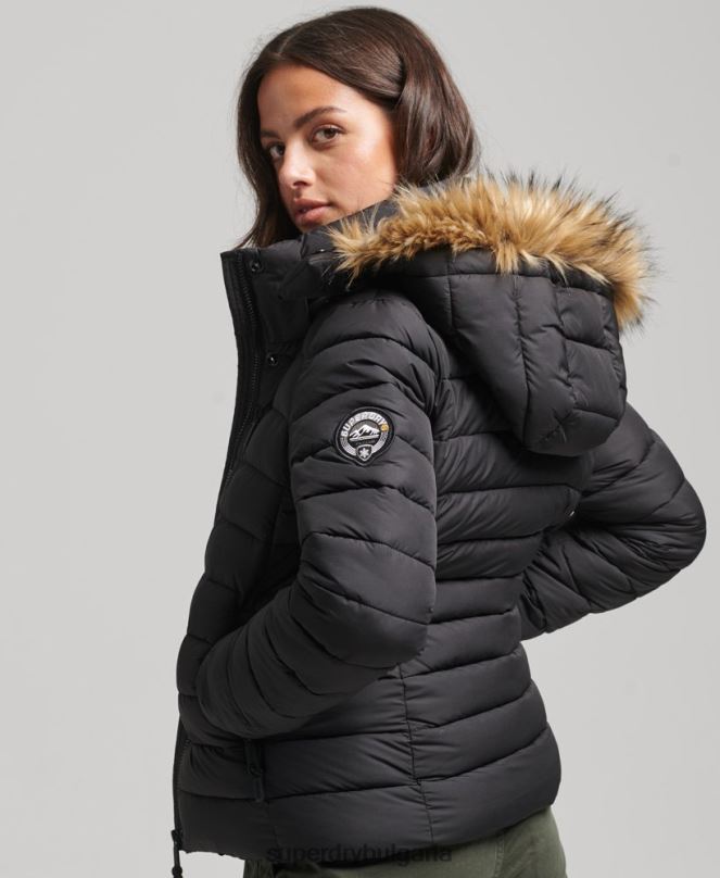Superdry облекло N00H3630 черен Жени късо пухено яке с качулка от изкуствена кожа