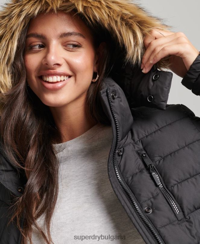 Superdry облекло N00H3630 черен Жени късо пухено яке с качулка от изкуствена кожа