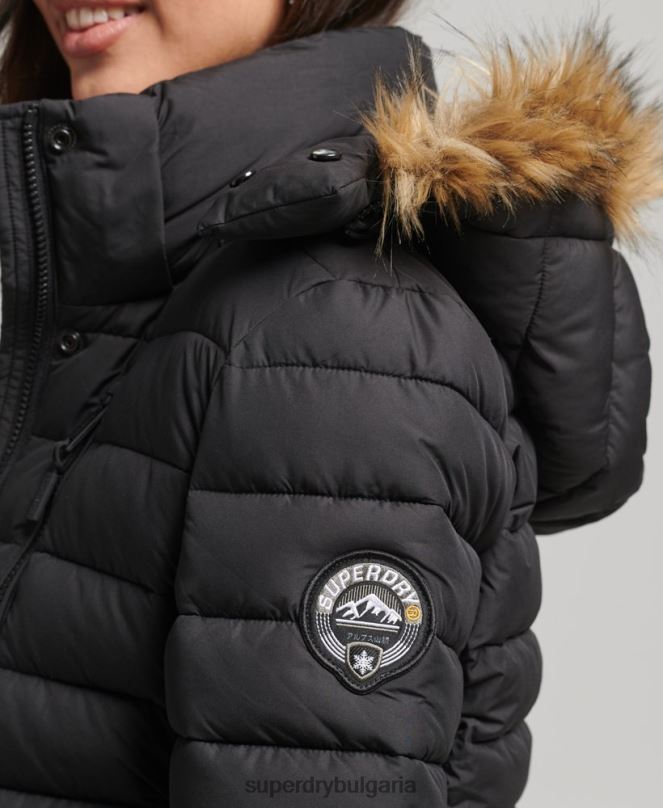 Superdry облекло N00H3630 черен Жени късо пухено яке с качулка от изкуствена кожа