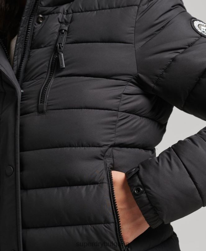 Superdry облекло N00H3630 черен Жени късо пухено яке с качулка от изкуствена кожа