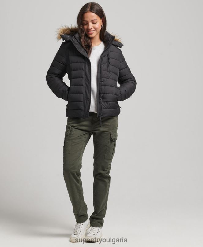 Superdry облекло N00H3630 черен Жени късо пухено яке с качулка от изкуствена кожа