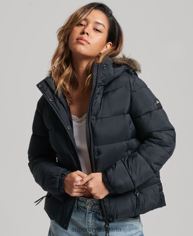 Superdry облекло N00H3633 тъмно сив Жени среднослойно късо яке с качулка