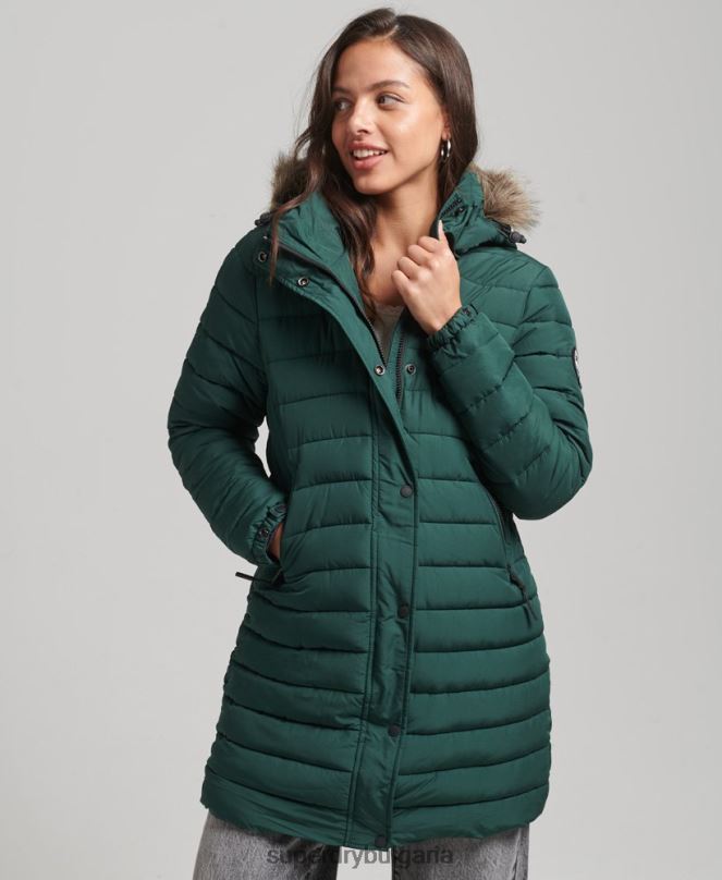 Superdry облекло N00H3636 зелено Жени пухено яке със средна дължина и качулка от изкуствена кожа
