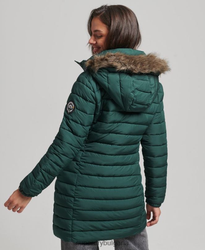 Superdry облекло N00H3636 зелено Жени пухено яке със средна дължина и качулка от изкуствена кожа
