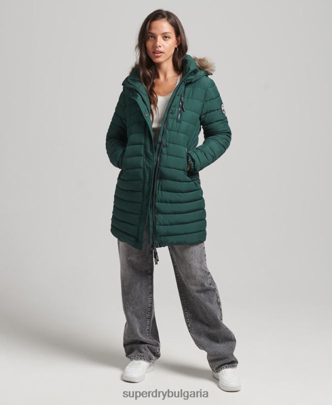 Superdry облекло N00H3636 зелено Жени пухено яке със средна дължина и качулка от изкуствена кожа