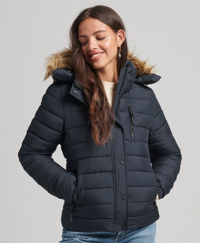Superdry облекло N00H3640 военноморски флот Жени късо пухено яке с качулка от изкуствена кожа