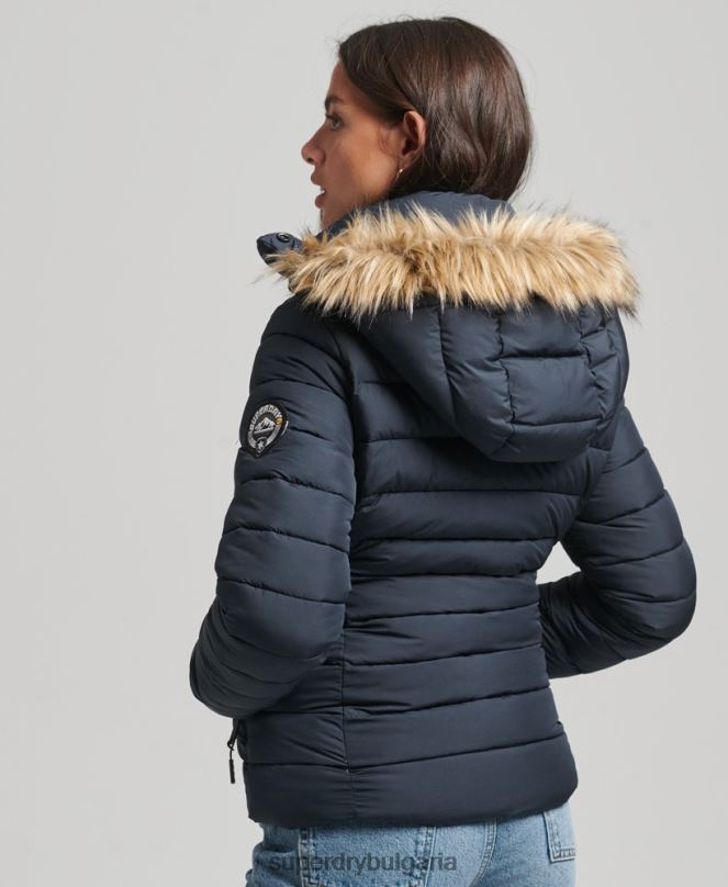 Superdry облекло N00H3640 военноморски флот Жени късо пухено яке с качулка от изкуствена кожа