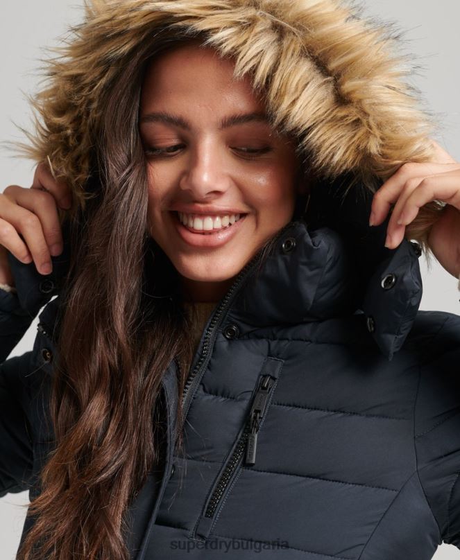Superdry облекло N00H3640 военноморски флот Жени късо пухено яке с качулка от изкуствена кожа