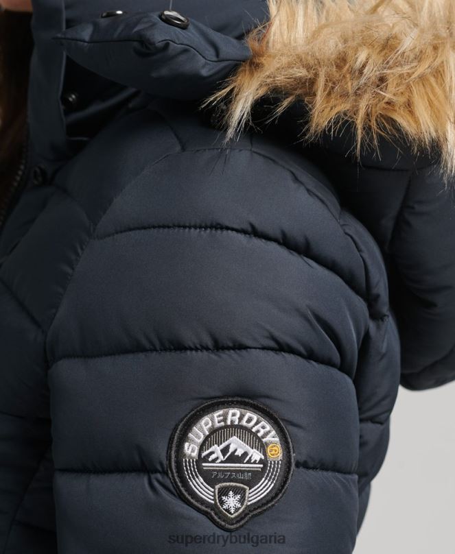 Superdry облекло N00H3640 военноморски флот Жени късо пухено яке с качулка от изкуствена кожа