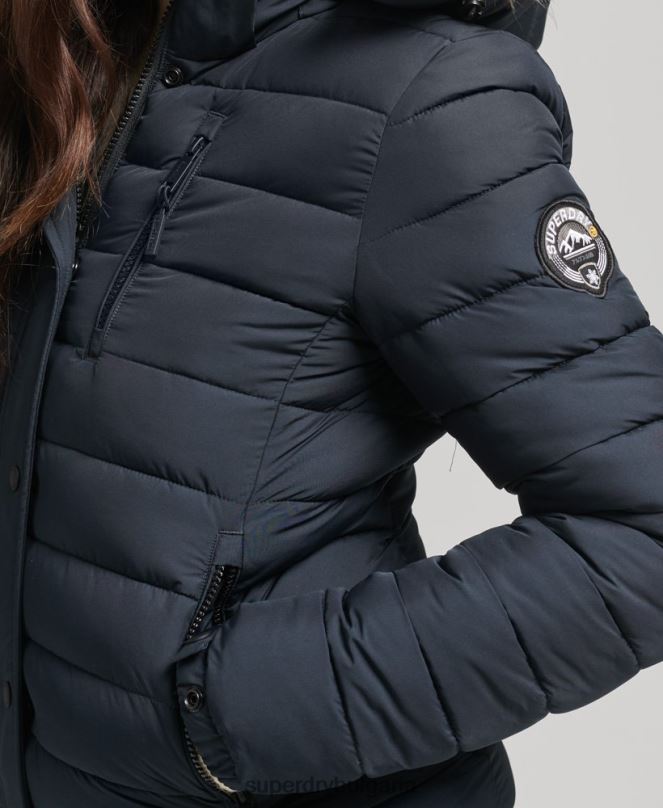 Superdry облекло N00H3640 военноморски флот Жени късо пухено яке с качулка от изкуствена кожа