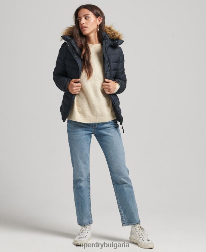 Superdry облекло N00H3640 военноморски флот Жени късо пухено яке с качулка от изкуствена кожа