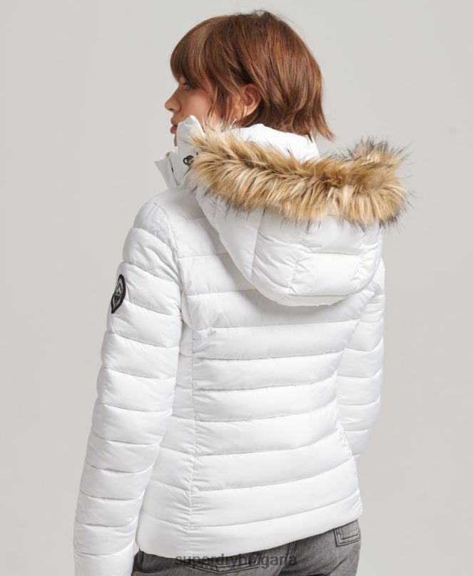 Superdry облекло N00H3669 бяло Жени късо пухено яке с качулка от изкуствена кожа