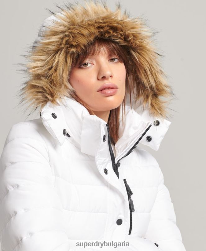 Superdry облекло N00H3669 бяло Жени късо пухено яке с качулка от изкуствена кожа