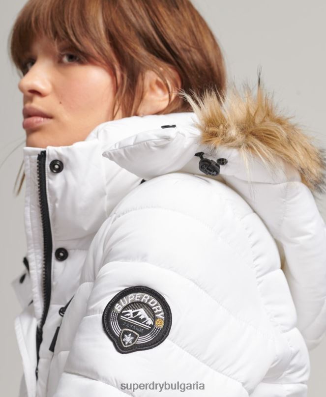 Superdry облекло N00H3669 бяло Жени късо пухено яке с качулка от изкуствена кожа