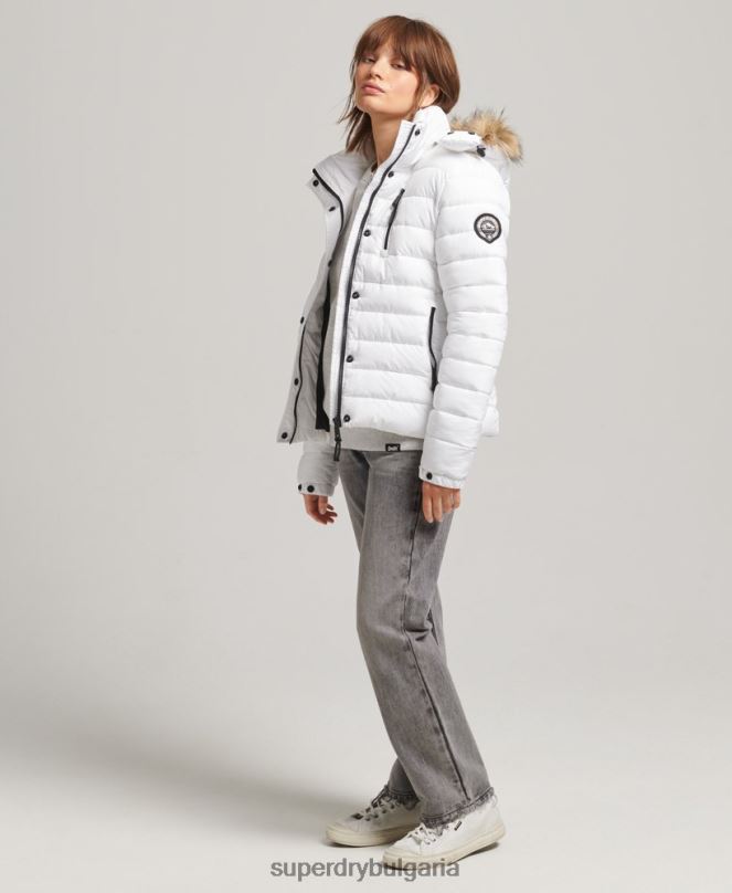 Superdry облекло N00H3669 бяло Жени късо пухено яке с качулка от изкуствена кожа