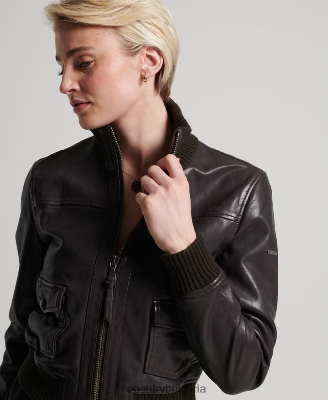 Superdry облекло N00H3672 кафяво Жени кожено бомбър яке с плетена яка