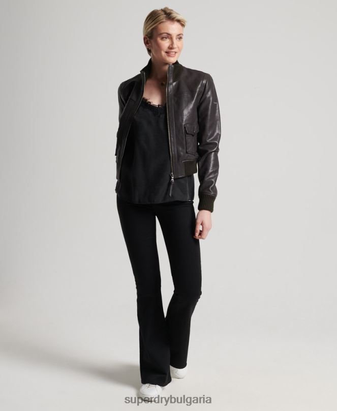 Superdry облекло N00H3672 кафяво Жени кожено бомбър яке с плетена яка