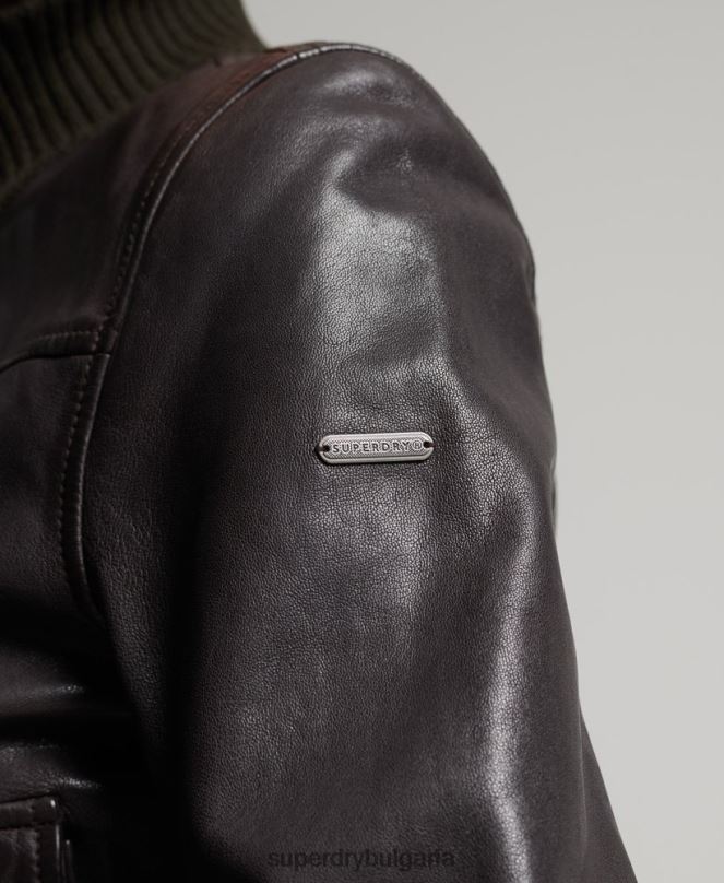 Superdry облекло N00H3672 кафяво Жени кожено бомбър яке с плетена яка