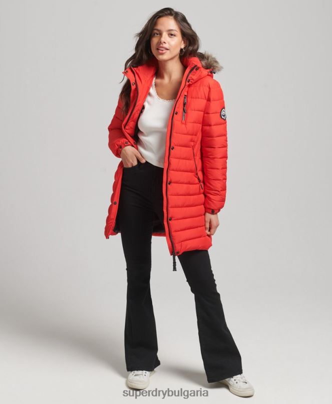 Superdry облекло N00H3688 червен Жени пухено яке със средна дължина и качулка от изкуствена кожа