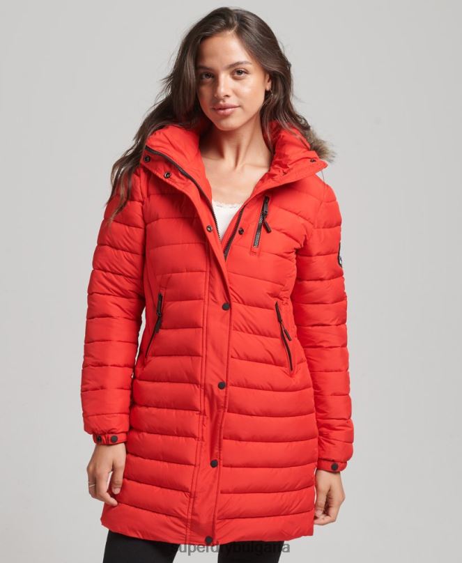 Superdry облекло N00H3688 червен Жени пухено яке със средна дължина и качулка от изкуствена кожа