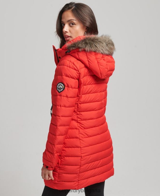 Superdry облекло N00H3688 червен Жени пухено яке със средна дължина и качулка от изкуствена кожа