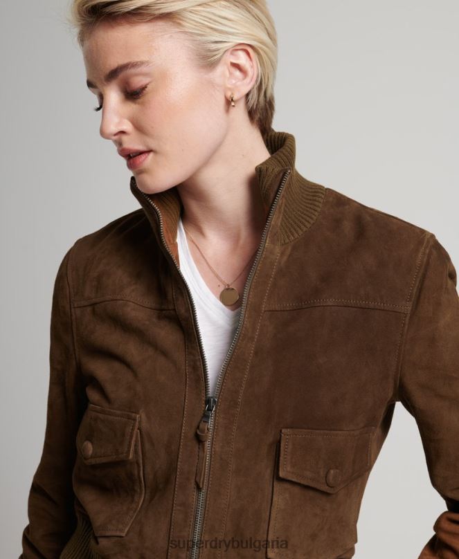 Superdry облекло N00H3700 тен Жени велурено бомбър яке с плетена яка