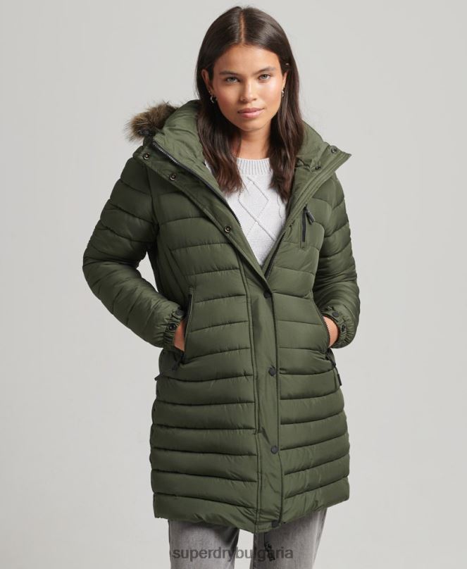 Superdry облекло N00H3715 каки Жени пухено яке със средна дължина и качулка от изкуствена кожа
