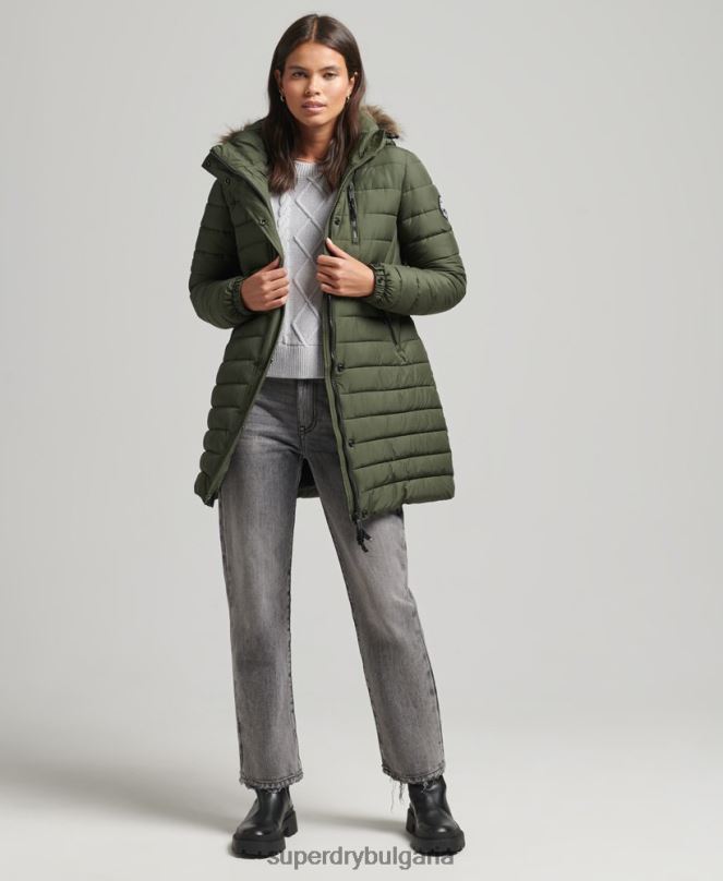 Superdry облекло N00H3715 каки Жени пухено яке със средна дължина и качулка от изкуствена кожа