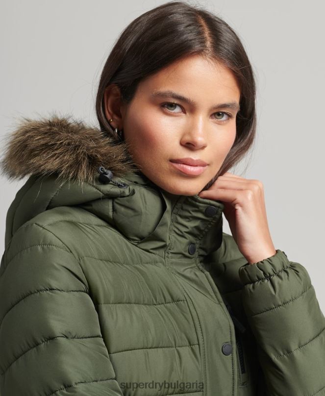 Superdry облекло N00H3715 каки Жени пухено яке със средна дължина и качулка от изкуствена кожа