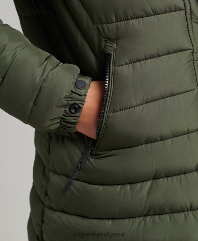 Superdry облекло N00H3715 каки Жени пухено яке със средна дължина и качулка от изкуствена кожа