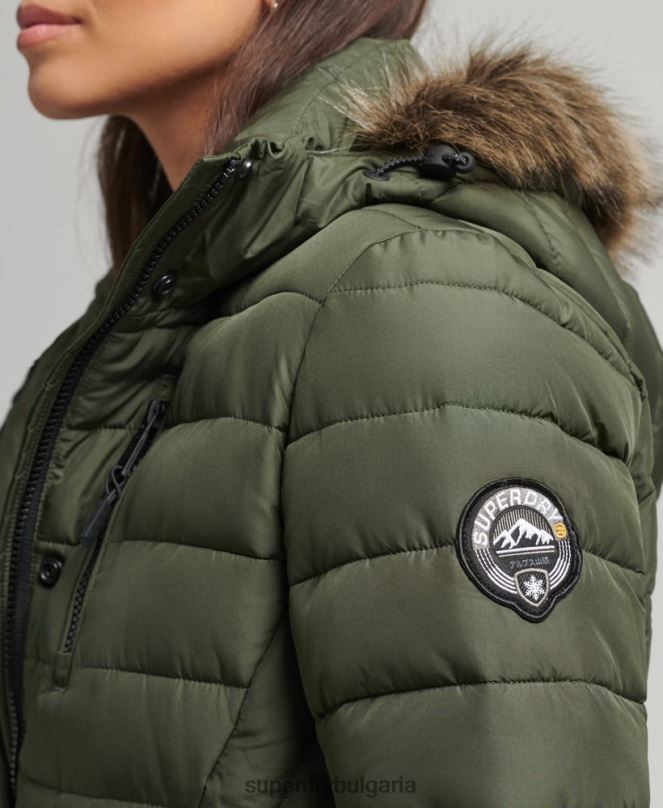 Superdry облекло N00H3715 каки Жени пухено яке със средна дължина и качулка от изкуствена кожа
