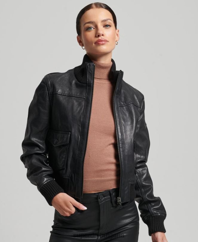 Superdry облекло N00H3718 черен Жени кожено бомбър яке с плетена яка
