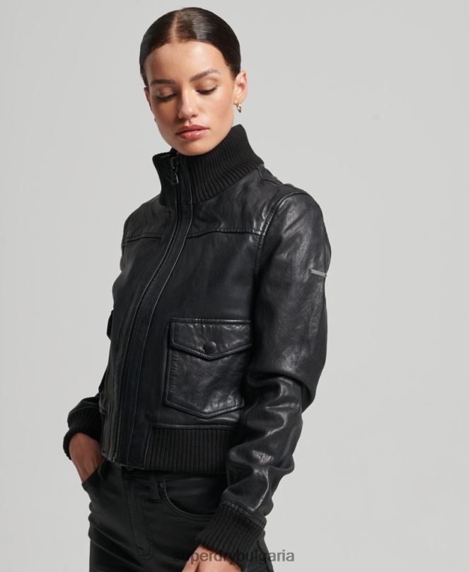 Superdry облекло N00H3718 черен Жени кожено бомбър яке с плетена яка