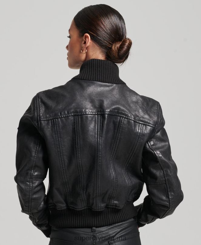 Superdry облекло N00H3718 черен Жени кожено бомбър яке с плетена яка