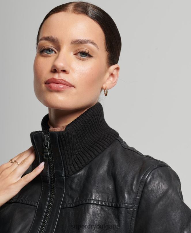 Superdry облекло N00H3718 черен Жени кожено бомбър яке с плетена яка