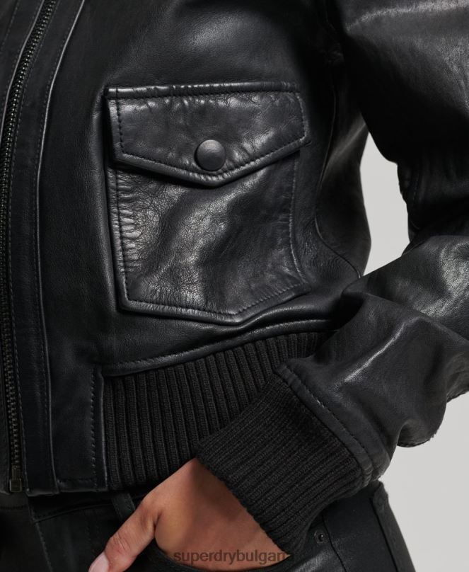 Superdry облекло N00H3718 черен Жени кожено бомбър яке с плетена яка