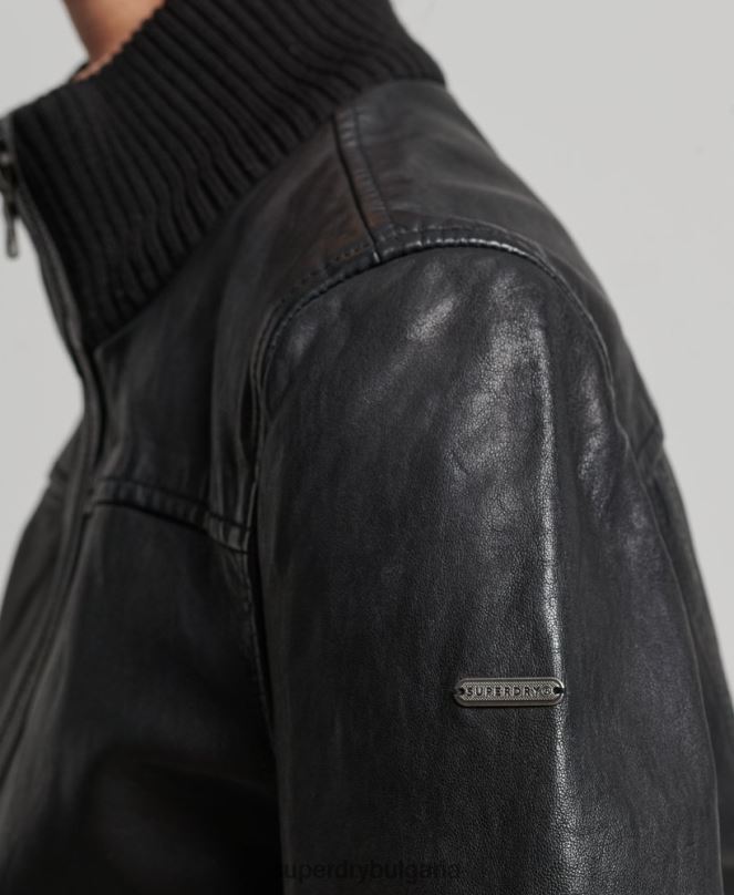 Superdry облекло N00H3718 черен Жени кожено бомбър яке с плетена яка
