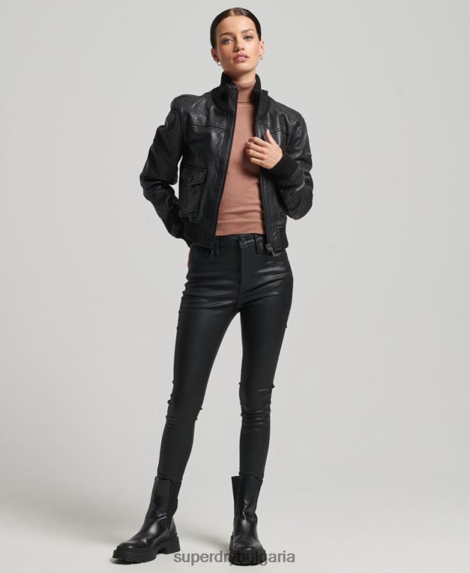 Superdry облекло N00H3718 черен Жени кожено бомбър яке с плетена яка