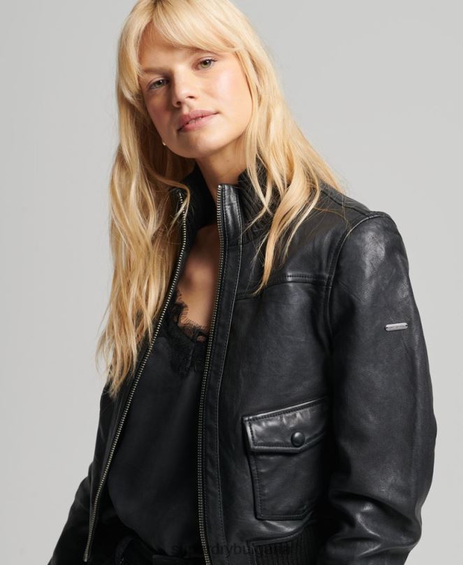 Superdry облекло N00H3719 черен Жени кожено бомбър яке с плетена яка
