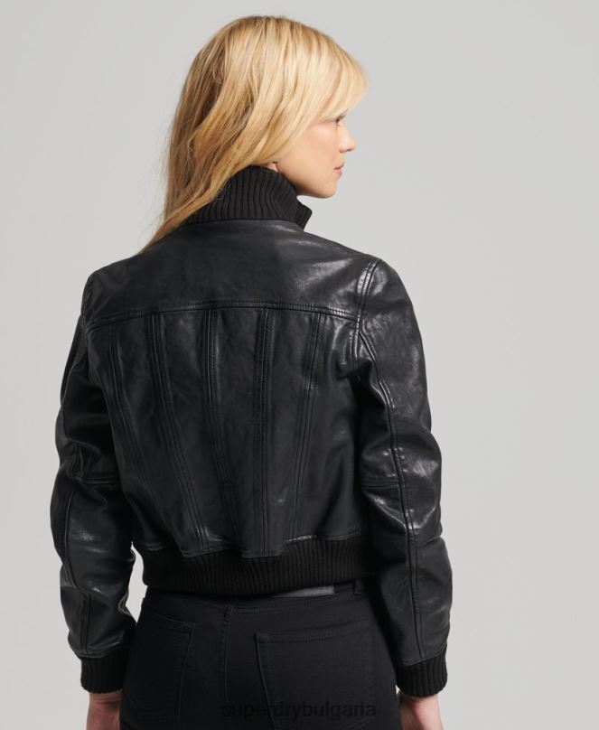 Superdry облекло N00H3719 черен Жени кожено бомбър яке с плетена яка