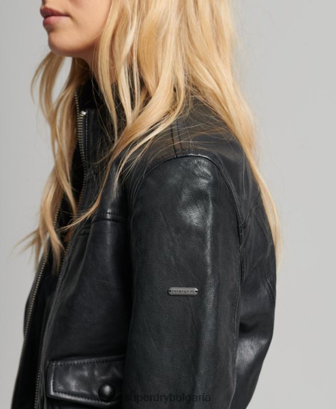 Superdry облекло N00H3719 черен Жени кожено бомбър яке с плетена яка