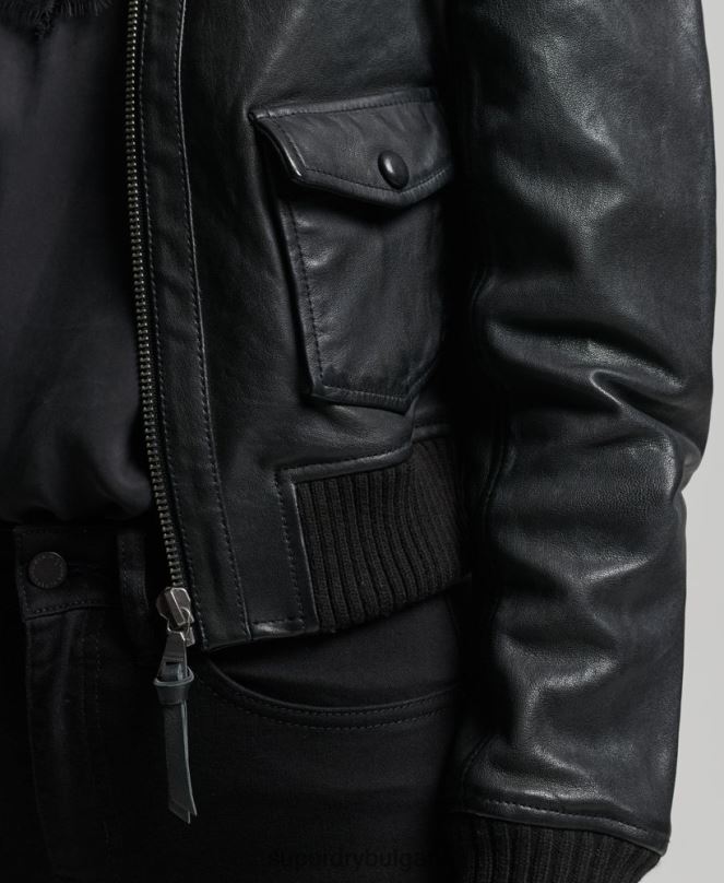 Superdry облекло N00H3719 черен Жени кожено бомбър яке с плетена яка